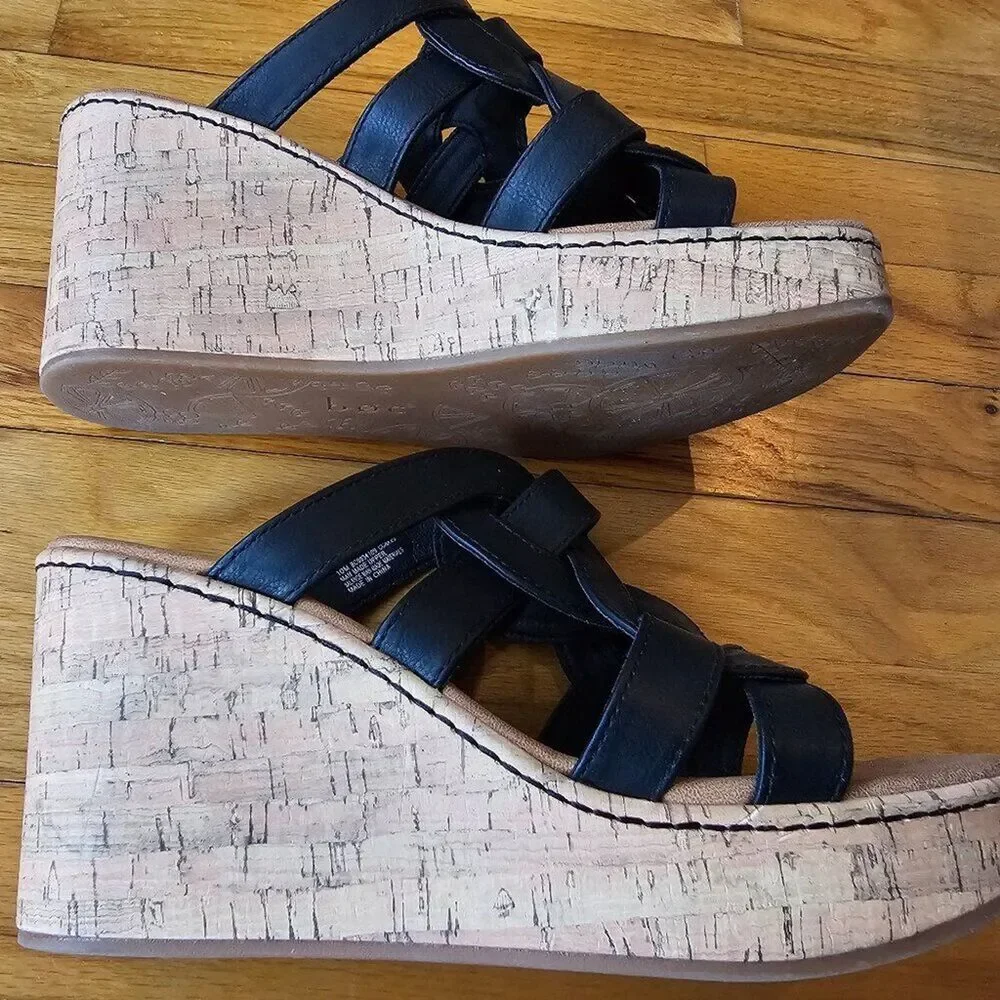 B.O.C. Black Leather Cork Platform Wedge NEW Size 10